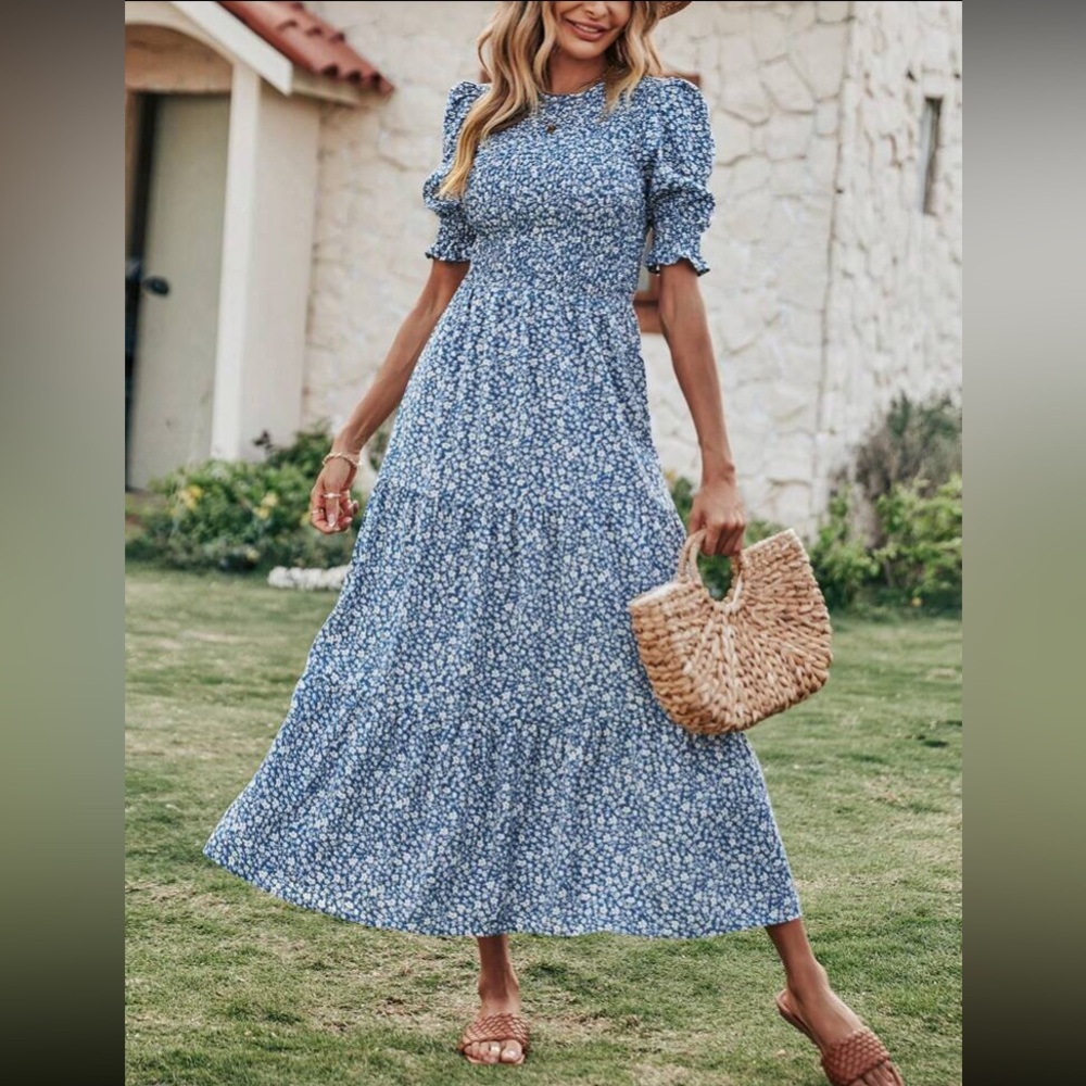 Blue Printed Tiered Maxi Dress - Women's Summer Dress
